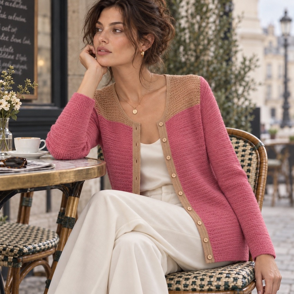 TSE New York L 100% Cashmere Pink Beige Open Knit Colorblock Designer Cardigan